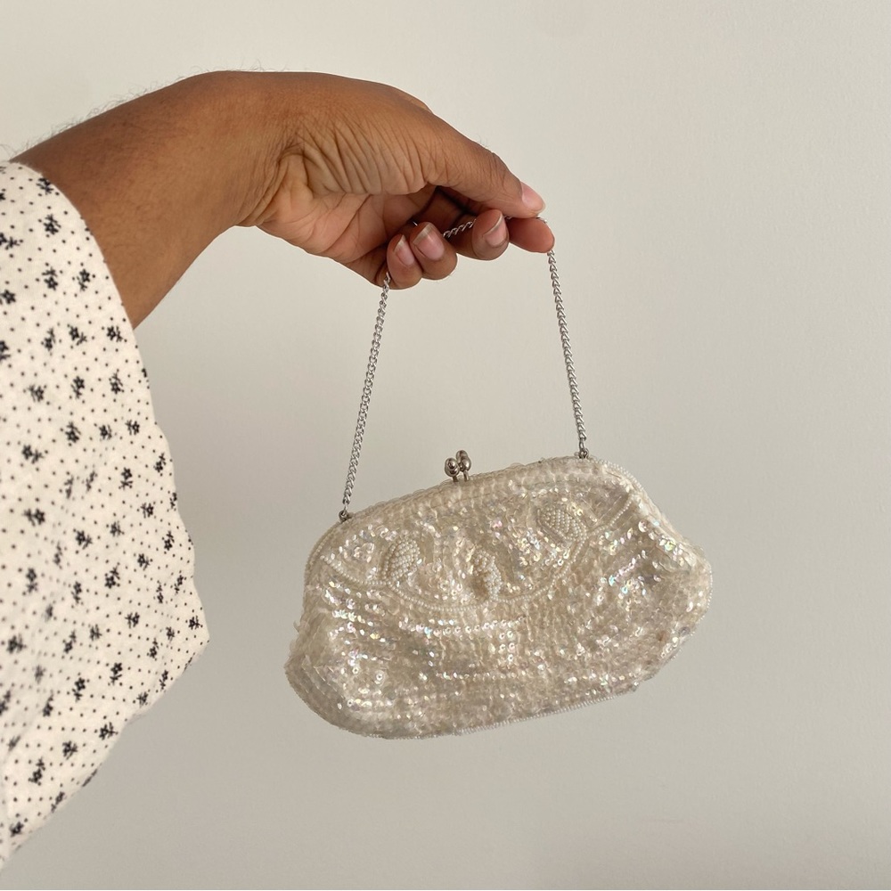 VINTAGE - sequin and beaded clutch - ivory color
